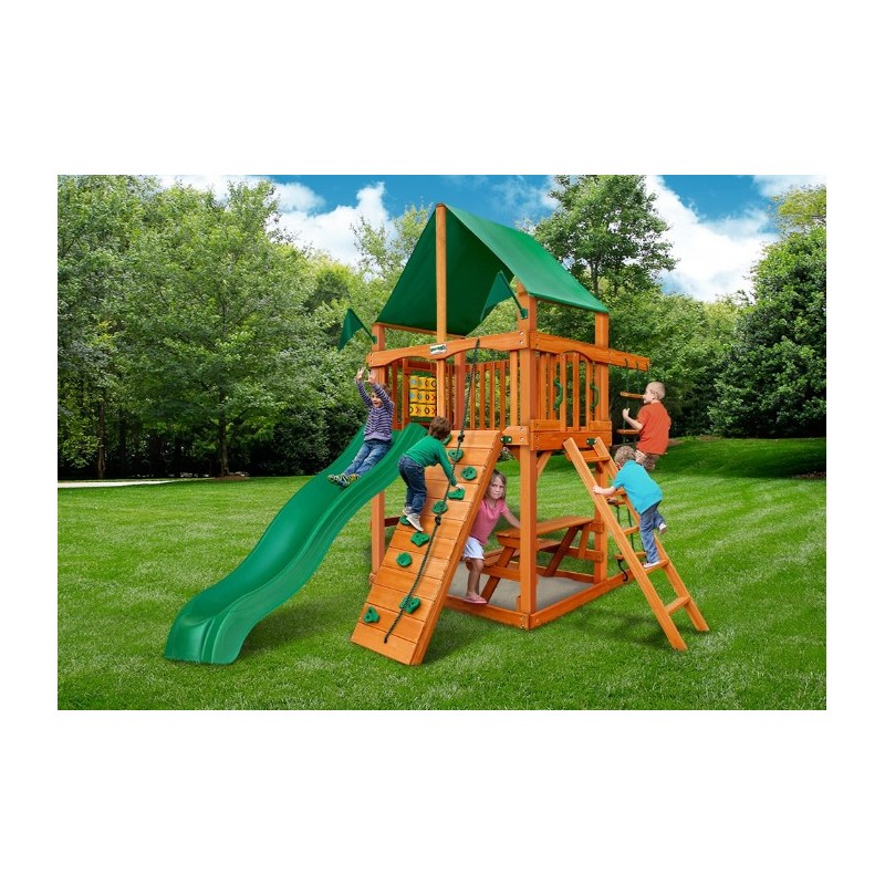 Gorilla Chateau Tower Cedar Wood Swing Set Kit w/ Amber Posts and Sunbrella® Canvas Forest Green Canopy - Amber (01-0061-AP-2)