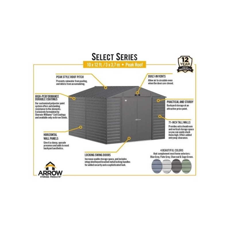 Arrow 10x12 Select Steel Storage Shed Kit - Sage Green (SCG1012SG)