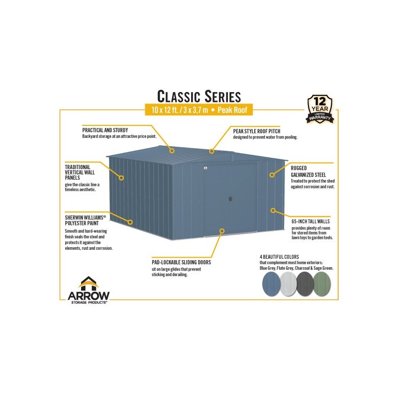 Arrow 10x12 Classic Steel Storage Shed Kit - Blue Grey (CLG1012BG)