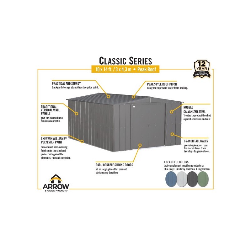Arrow 10x14 Classic Steel Storage Shed Kit - Flute Grey (CLG1014FG)