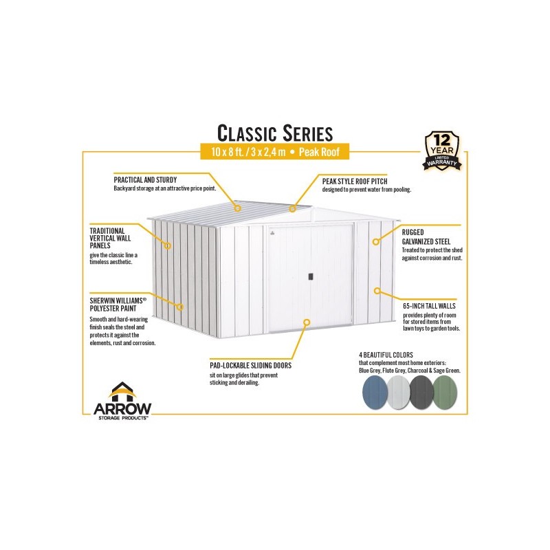 Arrow 10x8 Classic Steel Storage Shed Kit - Flute Grey (CLG108FG)