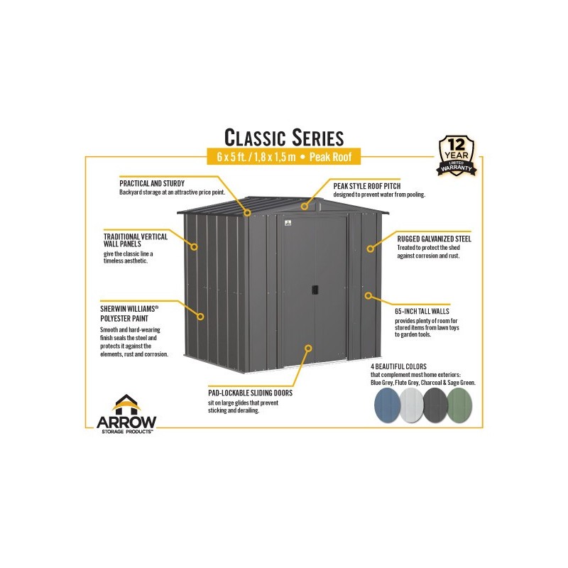 Arrow 6x5 Classic Steel Storage Shed Kit - Charcoal (CLG65CC)