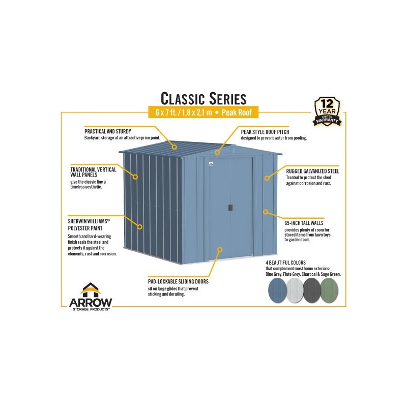 Arrow 6x7 Classic Steel Storage Shed Kit - Flute Grey (CLG67FG)