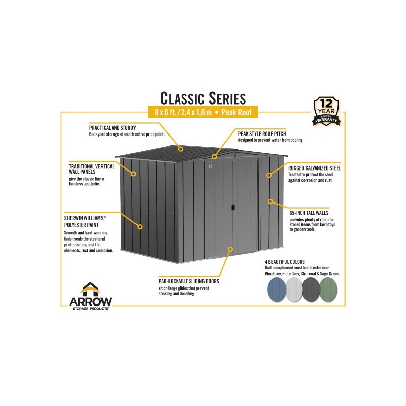Arrow 8x6 Classic Steel Storage Shed Kit - Blue Grey (CLG86BG)
