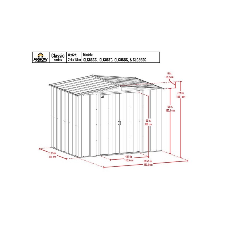 Arrow 8x6 Classic Steel Storage Shed Kit - Flute Grey (CLG86FG)