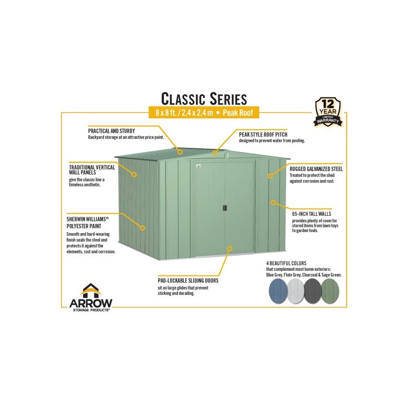 Arrow 8x8 Classic Steel Storage Shed Kit - Flute Grey (CLG88FG)