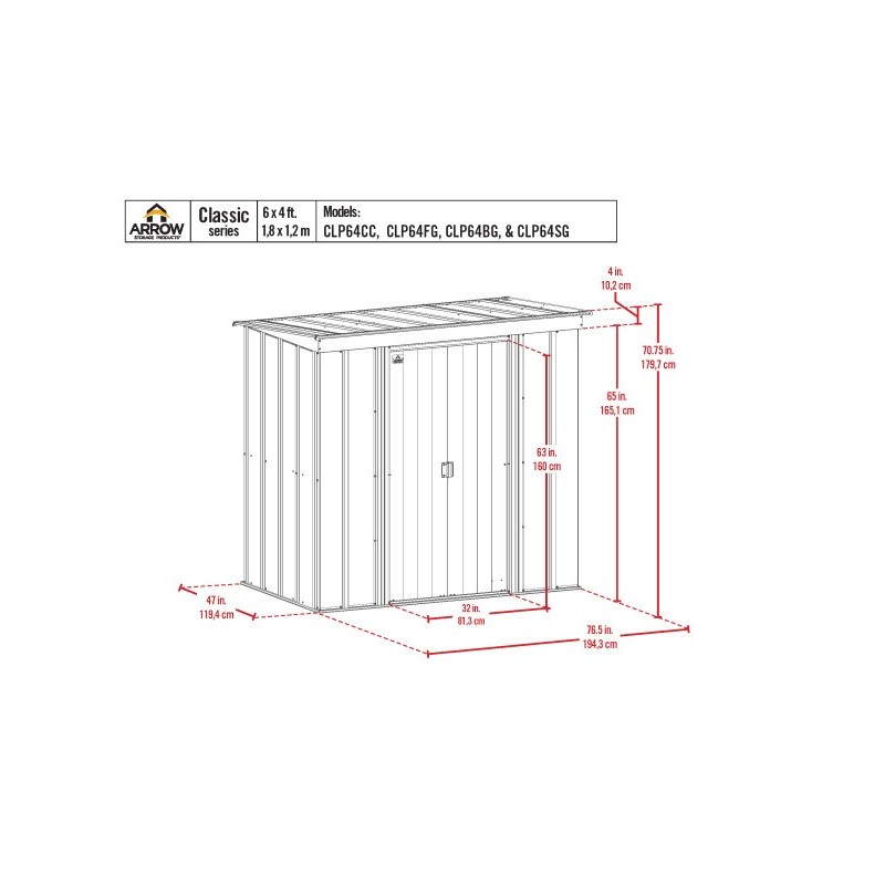 Arrow 6x4 Classic Steel Storage Shed Kit - Charcoal (CLP64CC)