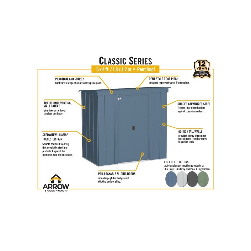 Arrow 6x4 Classic Steel Storage Shed Kit - Charcoal (CLP64CC)