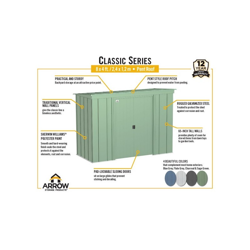 Arrow 8x4 Classic Steel Storage Shed Kit - Charcoal (CLP84CC)