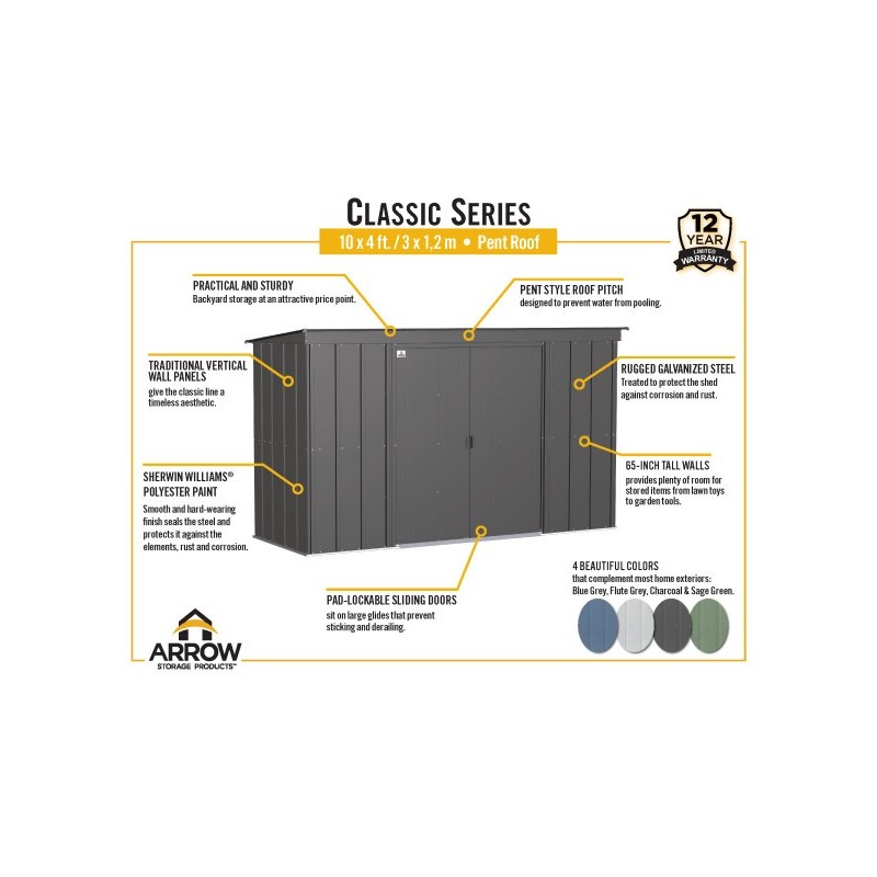 Arrow 10x4 Classic Steel Storage Shed Kit - Charcoal (CLP104CC)