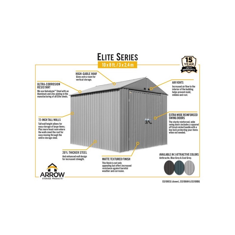 Arrow Elite 10x8 Metal Storage Shed Kit - Anthracite (EG108AN)