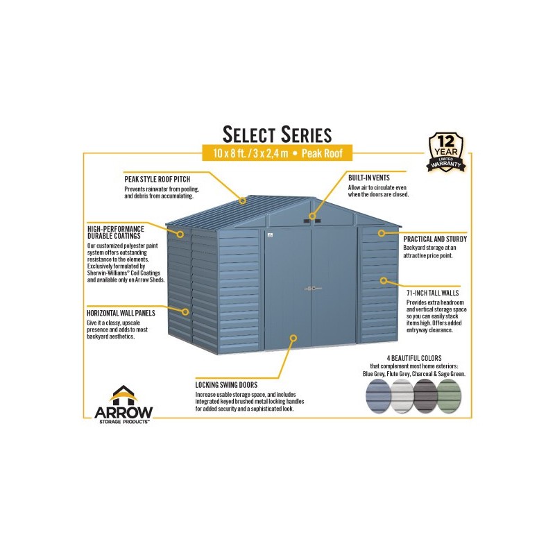 Arrow 10x8 Select Steel Storage Shed Kit - Flute Grey (SCG108FG)