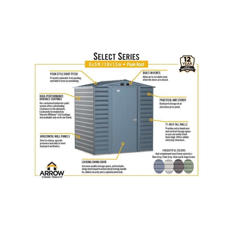 Arrow 6x5 Select Steel Storage Shed Kit - Fllute Grey (SCG65FG)
