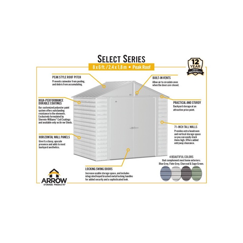Arrow 8x6 Select Steel Storage Shed Kit - Sage Green (SCG86SG)