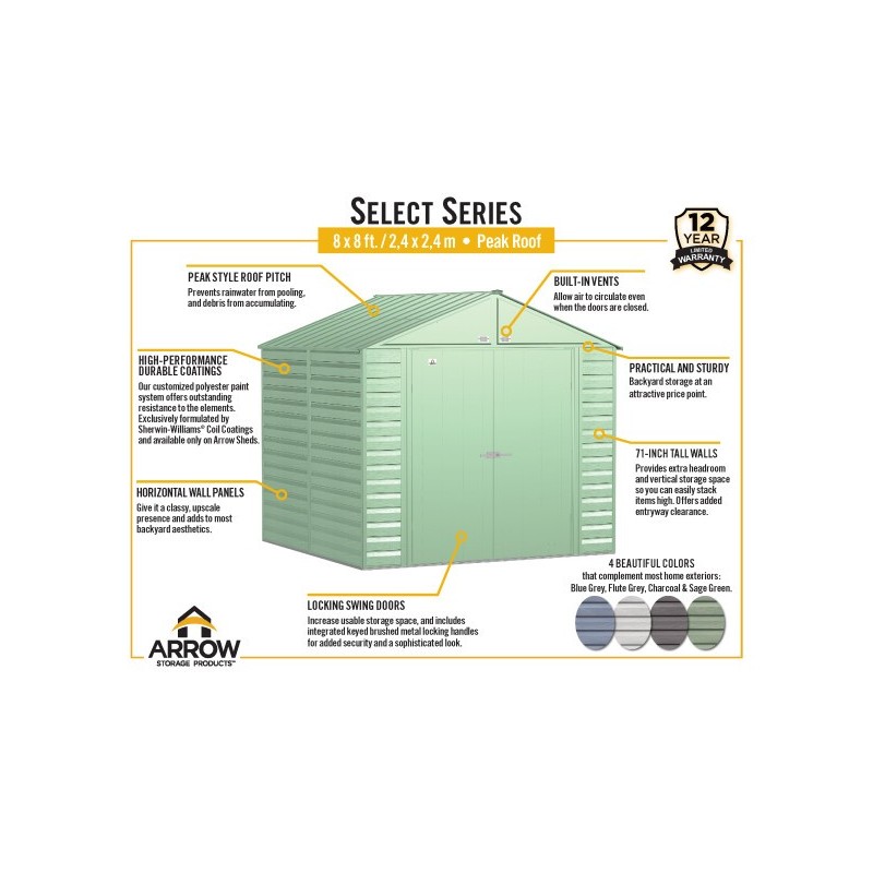 Arrow 8x8 Select Steel Storage Shed Kit - Sage Green (SCG88SG)