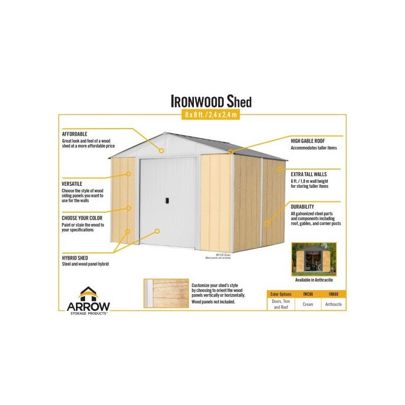 Arrow 8x8 Ironwood Steel Hybrid Shed Kit - Galvanized Anthracite (IWA88)