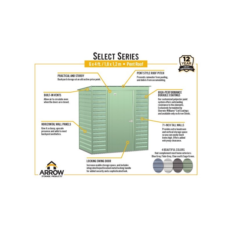 Arrow 6x4 Select Steel Storage Shed Kit - Sage Green (SCP64SG)