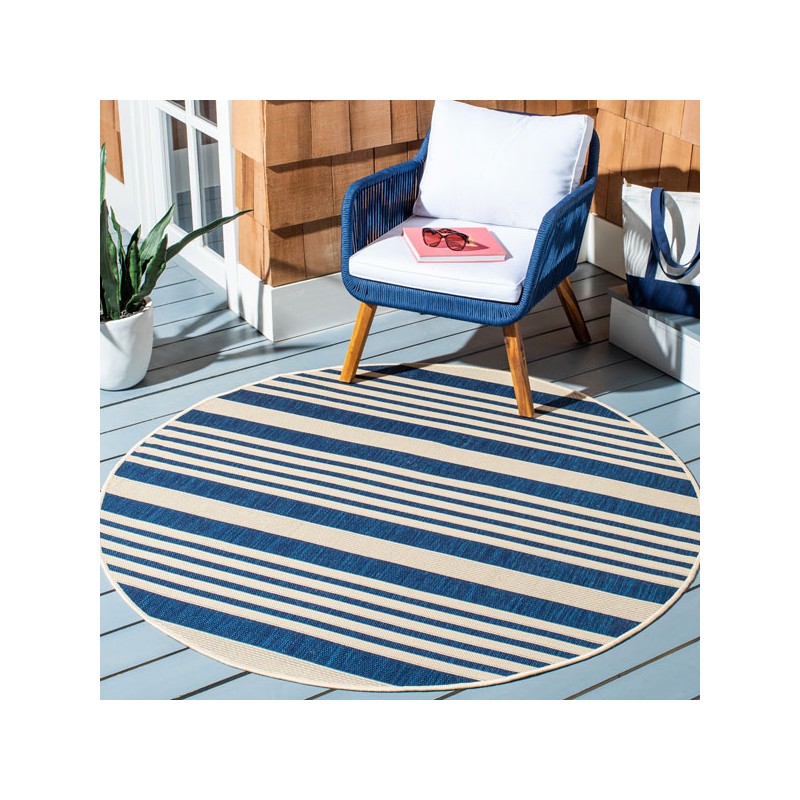 Safavieh Courtyard Collection Outdoor 4'x4' Round Rug - Navy & Beige Stripes (CY6062-268-4R)
