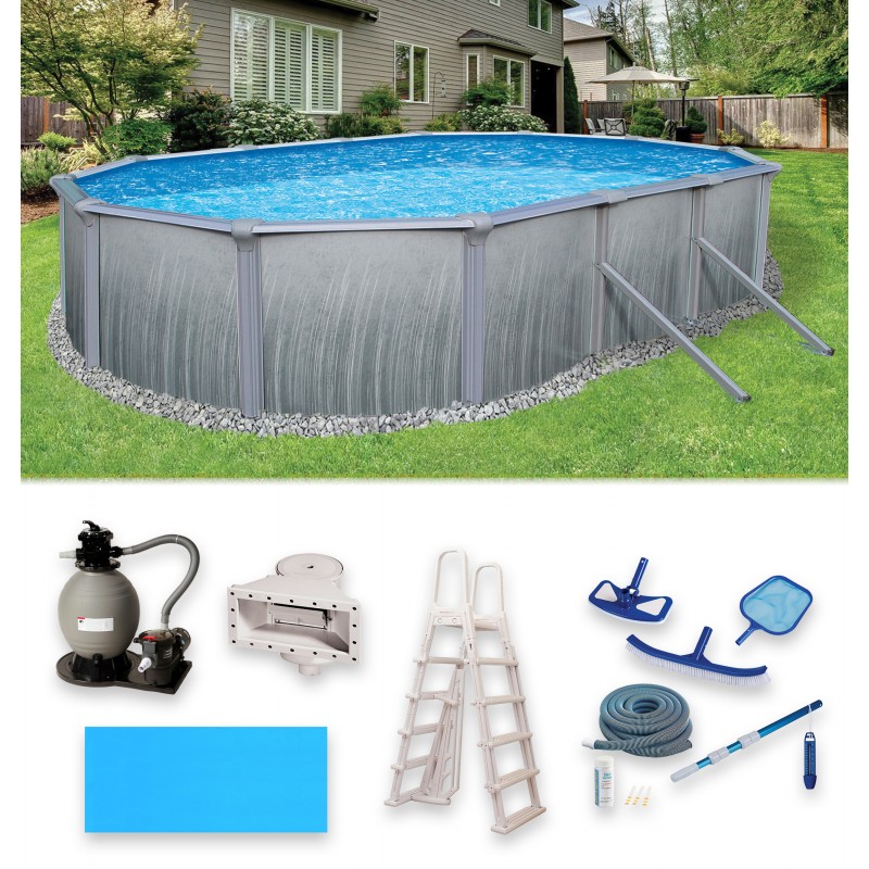Blue Wave Martinique 15-ft x 30-ft Oval 52-in Deep 7-in Top Rail Metal Wall Swimming Pool Package(NB3123)