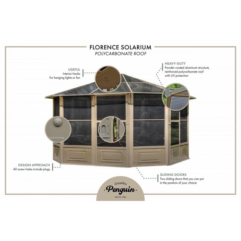 Gazebo Penguin Florence - Solarium 12x12 Polycarbonate Roof  - Gray (41212-32)
