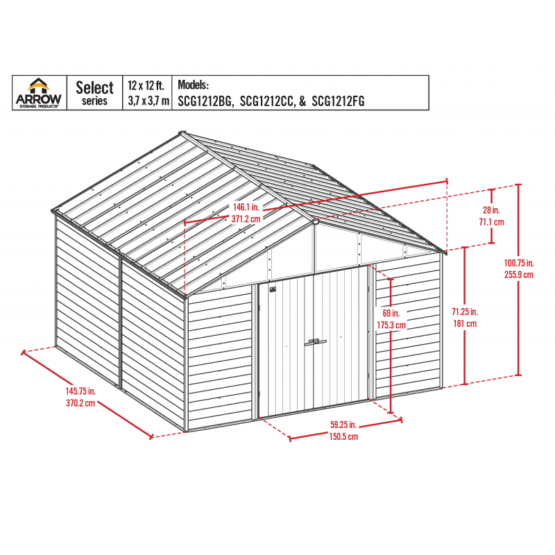 Arrow 12x12 Select Steel Storage Shed - Flute Grey (SCG1212FG)