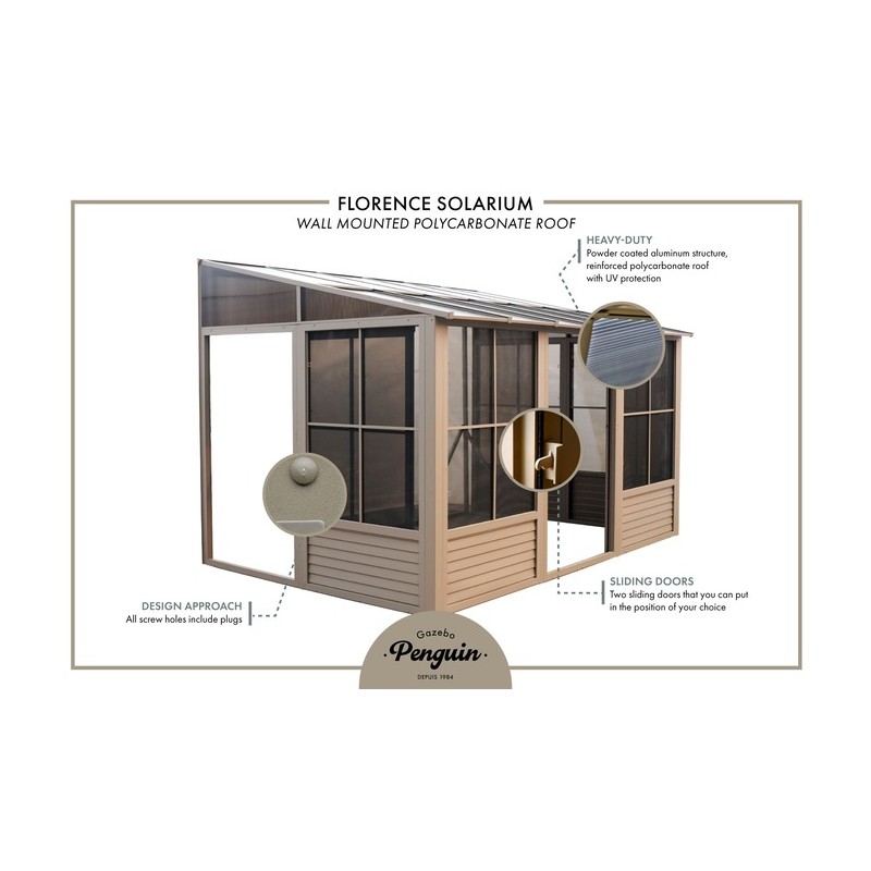 Gazebo Penguin Florence - Wall Mounted Solarium 8x12 Polycarbonate Roof - Sand (W1207-12)