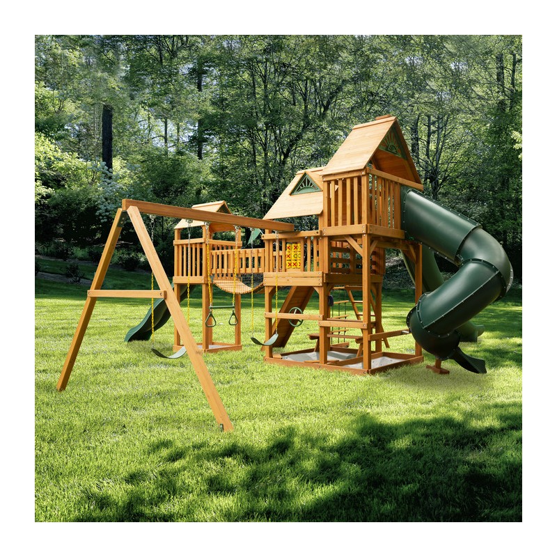 Gorilla Treasure Trove II Cedar Wood Swing Set Kit w/ Amber Posts and Standard Wood Roof - Amber (01-1034-AP)