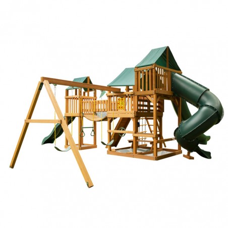 Gorilla Treasure Trove II Cedar Wood Swing Set Kit  w/ Amber Posts and Deluxe Green Vinyl Canopy (01-1034-AP-1)