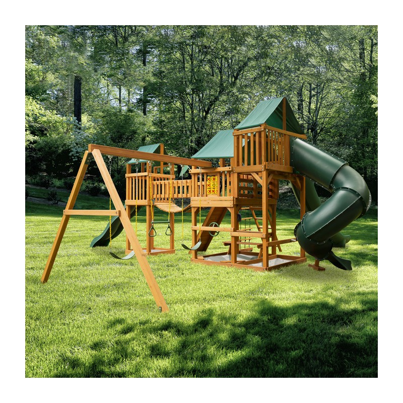 Gorilla Treasure Trove II Cedar Wood Swing Set Kit  w/ Amber Posts and Deluxe Green Vinyl Canopy (01-1034-AP-1)