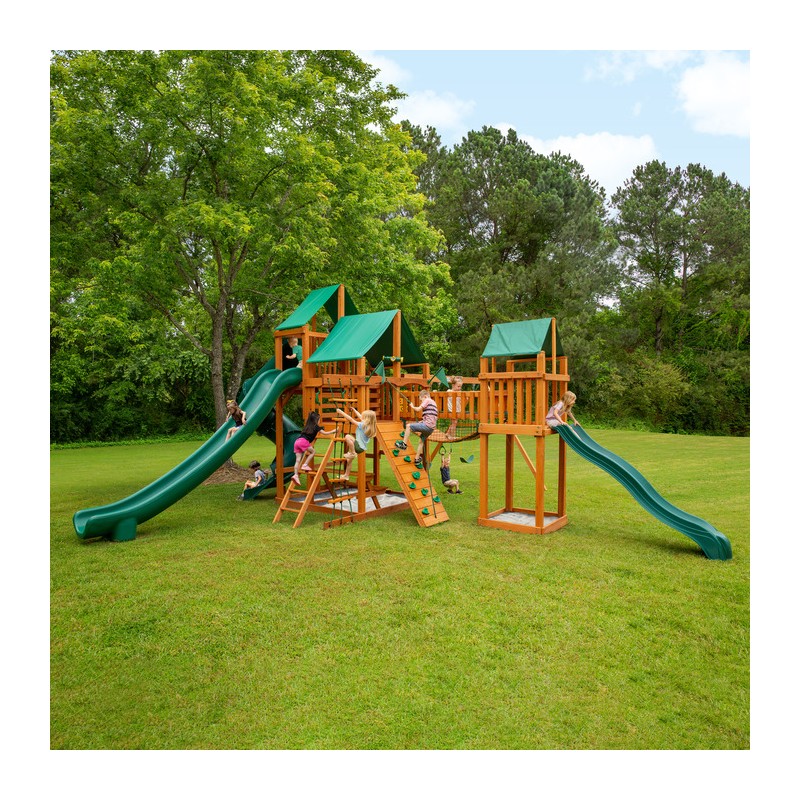 Gorilla Treasure Trove II Cedar Wood Swing Set Kit  w/ Amber Posts and Deluxe Green Vinyl Canopy (01-1034-AP-1)
