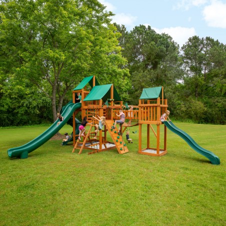 Gorilla Treasure Trove II Cedar Wood Swing Set Kit  w/ Amber Posts and Deluxe Green Vinyl Canopy (01-1034-AP-1)