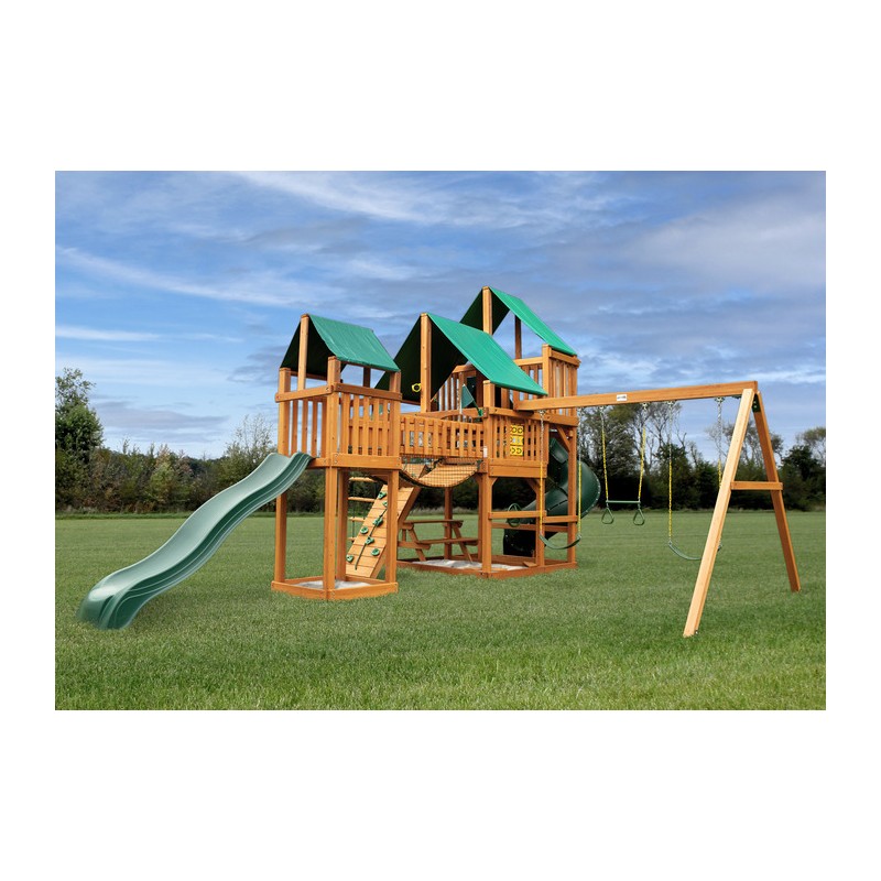Gorilla Treasure Trove Cedar Wood Swing Set Kit w/ Amber Posts and Deluxe Green Vinyl Canopy - Amber (01-1021-AP-1)