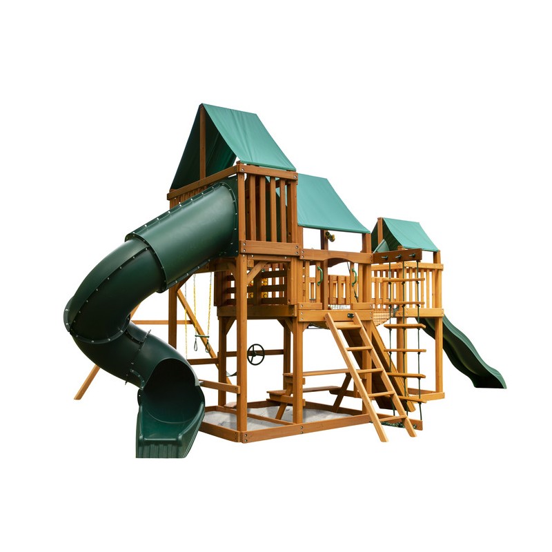 Gorilla Treasure Trove Cedar Wood Swing Set Kit w/ Amber Posts and Deluxe Green Vinyl Canopy - Amber (01-1021-AP-1)