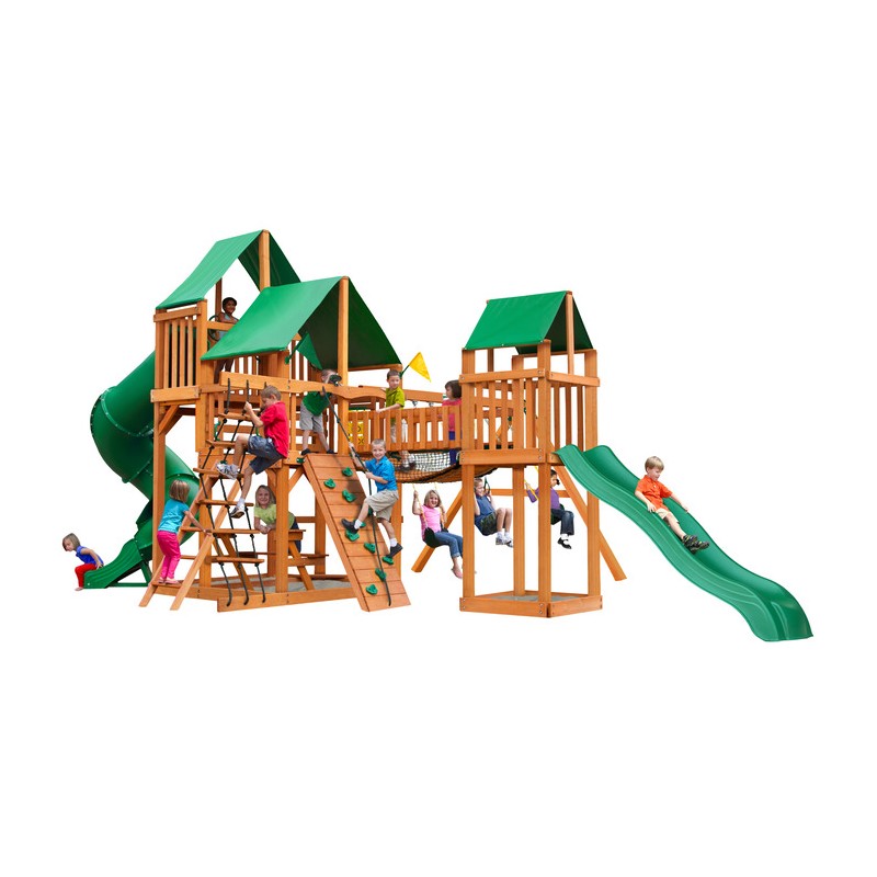 Gorilla Treasure Trove Cedar Wood Swing Set Kit w/ Amber Posts and Deluxe Green Vinyl Canopy - Amber (01-1021-AP-1)