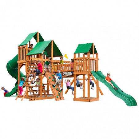 Gorilla Treasure Trove Cedar Wood Swing Set Kit w/ Amber Posts and Deluxe Green Vinyl Canopy - Amber (01-1021-AP-1)