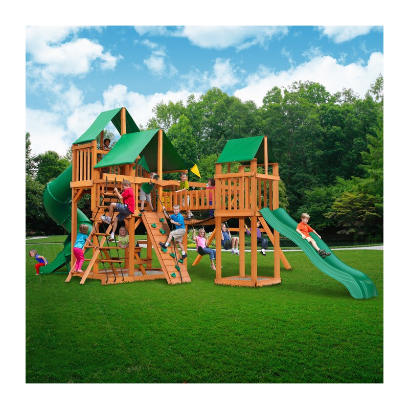 Gorilla Treasure Trove Cedar Wood Swing Set Kit w/ Amber Posts and Deluxe Green Vinyl Canopy - Amber (01-1021-AP-1)