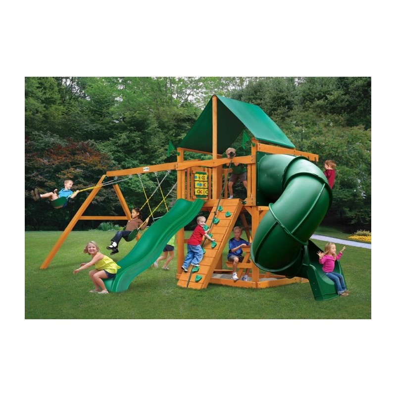 Gorilla Mountaineer Cedar Wood Swing Set Kit w/ Amber Posts and Deluxe Green Vinyl Canopy - Amber (01-0005-AP-1)