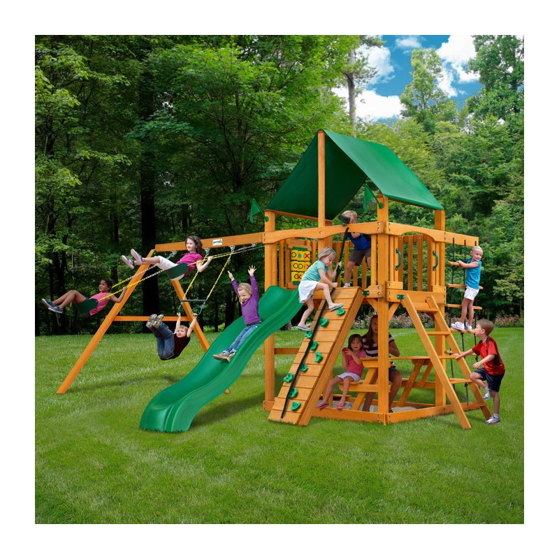 Gorilla Chateau Cedar Wood Swing Set Kit w/ Amber   Posts and Deluxe Green Vinyl Canopy - Amber (01-0003-AP-1)