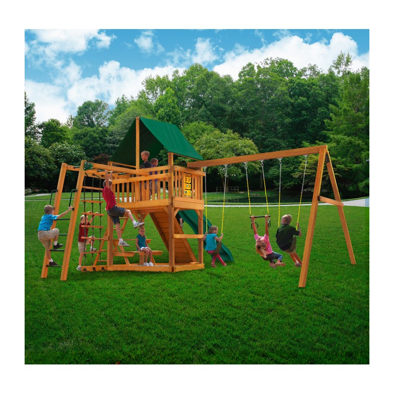Gorilla Navigator Cedar Wood Swing Set Kit w/ Amber Posts and Deluxe Green Vinyl Canopy - Amber (01-0020-AP-1)