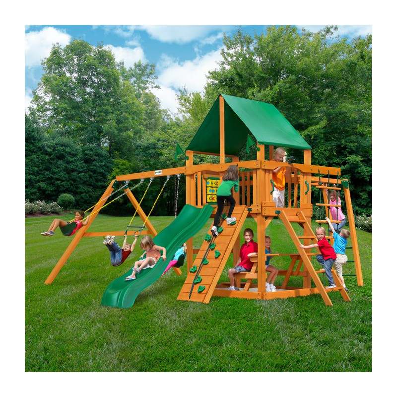 Gorilla Navigator Cedar Wood Swing Set Kit w/ Amber Posts and Deluxe Green Vinyl Canopy - Amber (01-0020-AP-1)