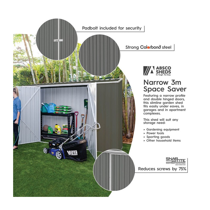 Absco 10' x 2.5' Double Door Space Saver Metal Garden Shed  - Woodland Gray (AB1109)