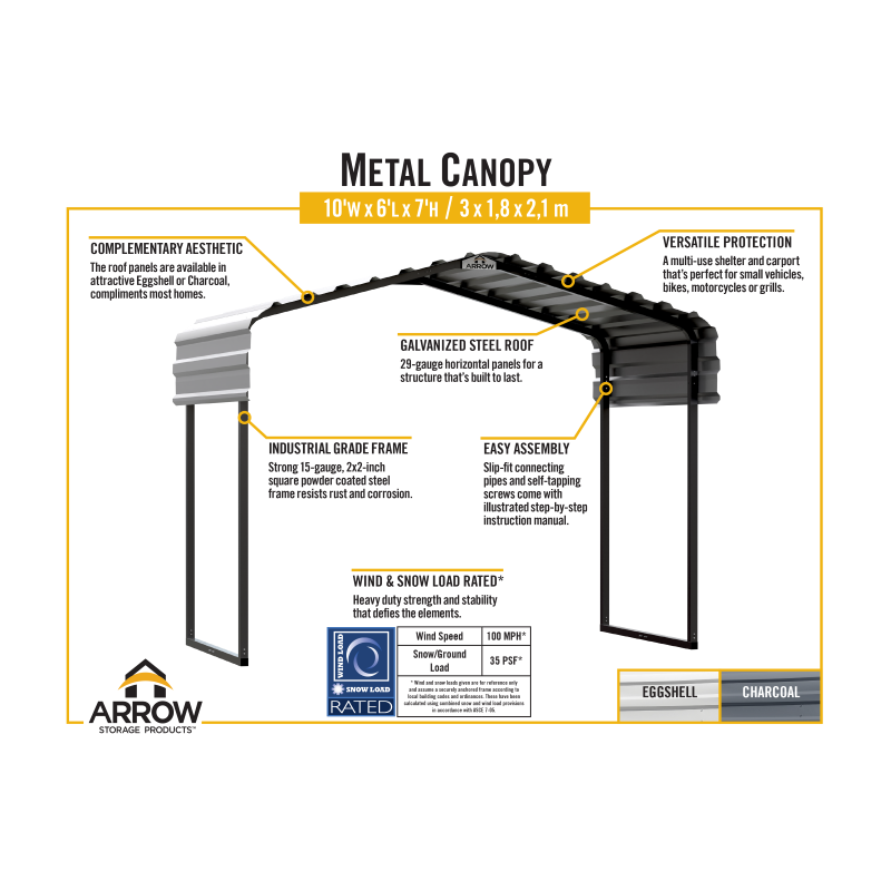 Arrow Metal Canopy 10 x 6 x 7 ft. -  Charcoal (CPHC100607DS)