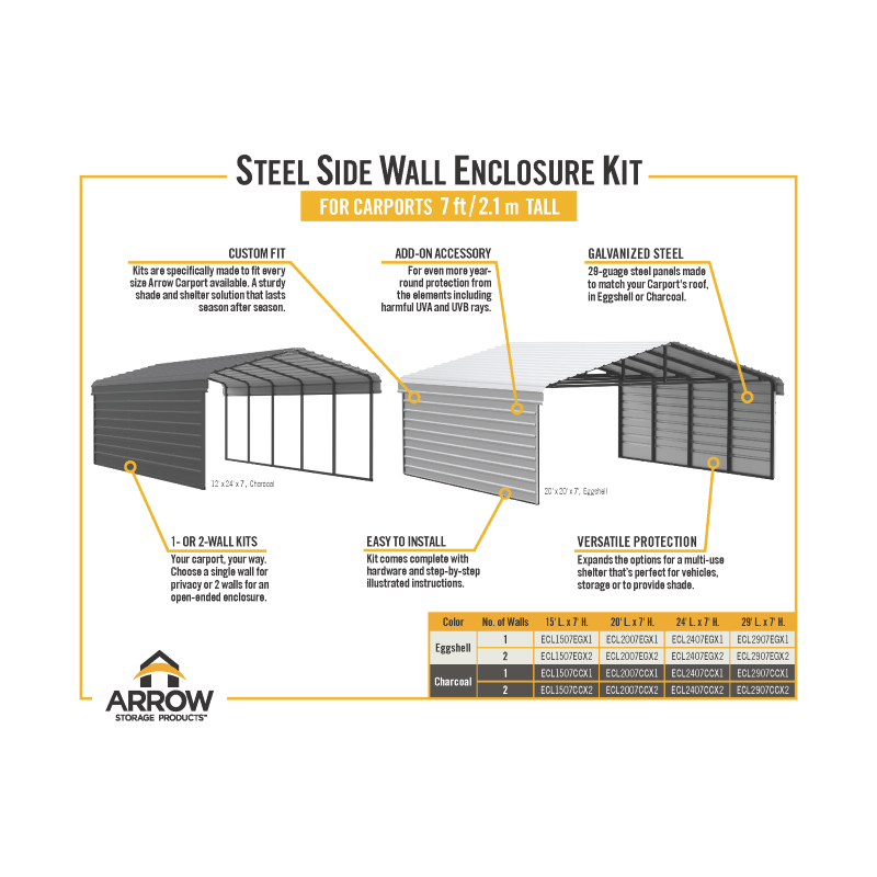 Arrow 1-Sided 10 x 15 x 7 Enclosure Galvanized Steel Carport Kit- Eggshell (CPH101507ECL1)