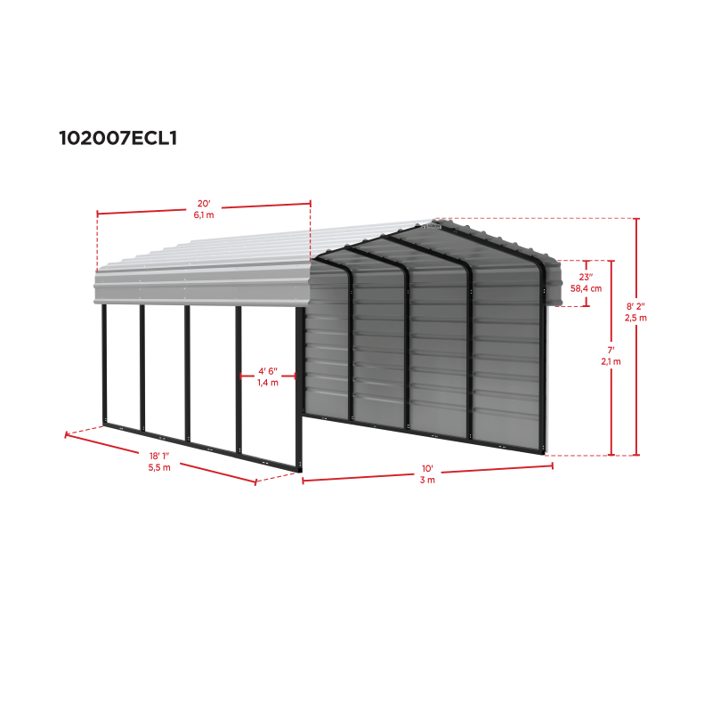 Arrow 1-Sided 10 x 20 x 7 Enclosure Galvanized Steel Carport Kit- Eggshell (CPH102007ECL1)