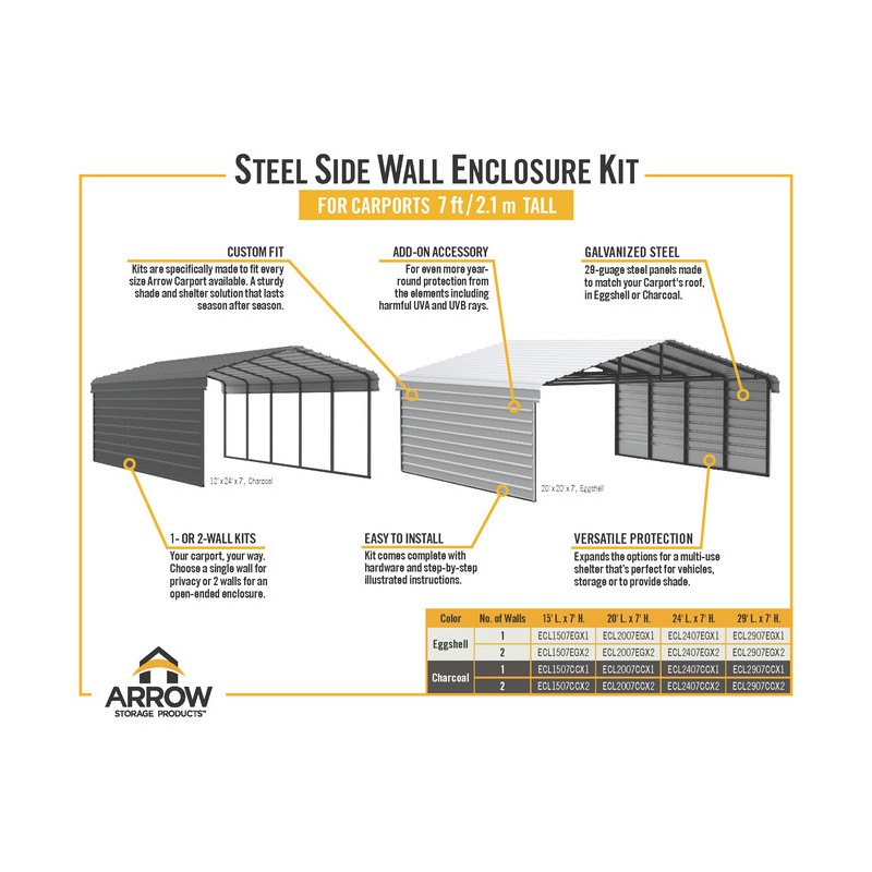 Arrow 1-sided 10x24x7 Enclosure Galvanized Steel Carport Kit - Eggshell (CPH102407ECL1)
