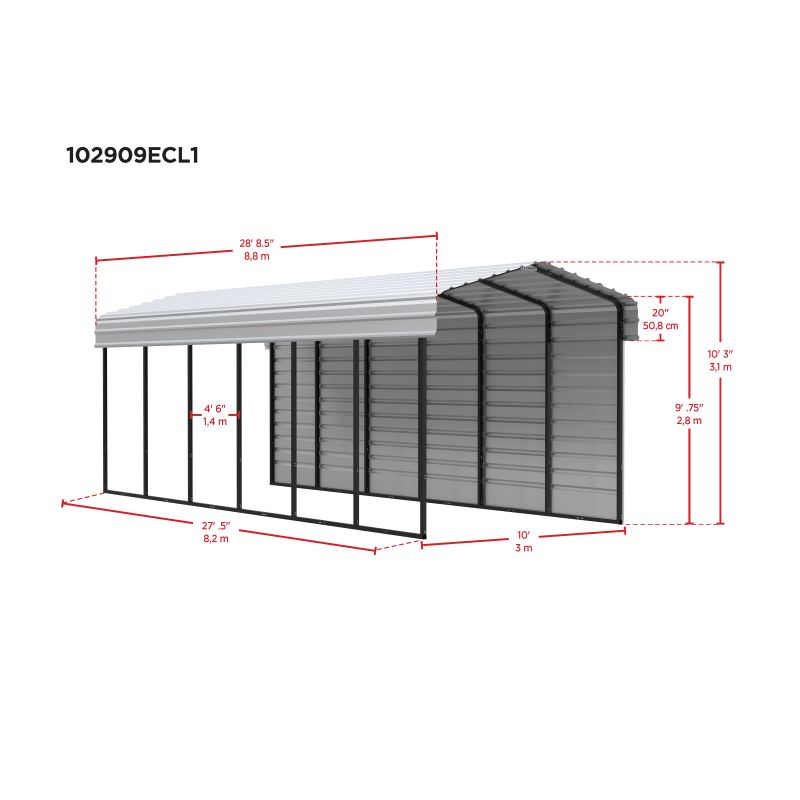 Arrow 1-sided 10x29x9  Enclosure Galvanized Steel Carport Kit- Eggshell (CPH102909ECL1)