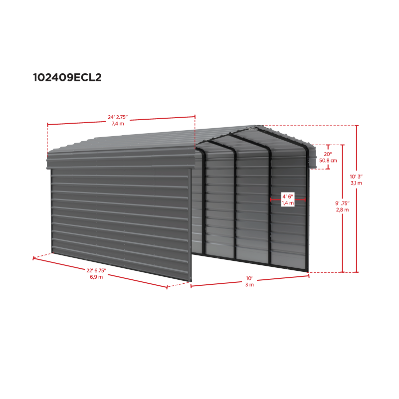 Arrow 2-sided 10x24x9  Enclosure Galvanized Steel Carport Kit- Eggshell (CPH102409ECL2)