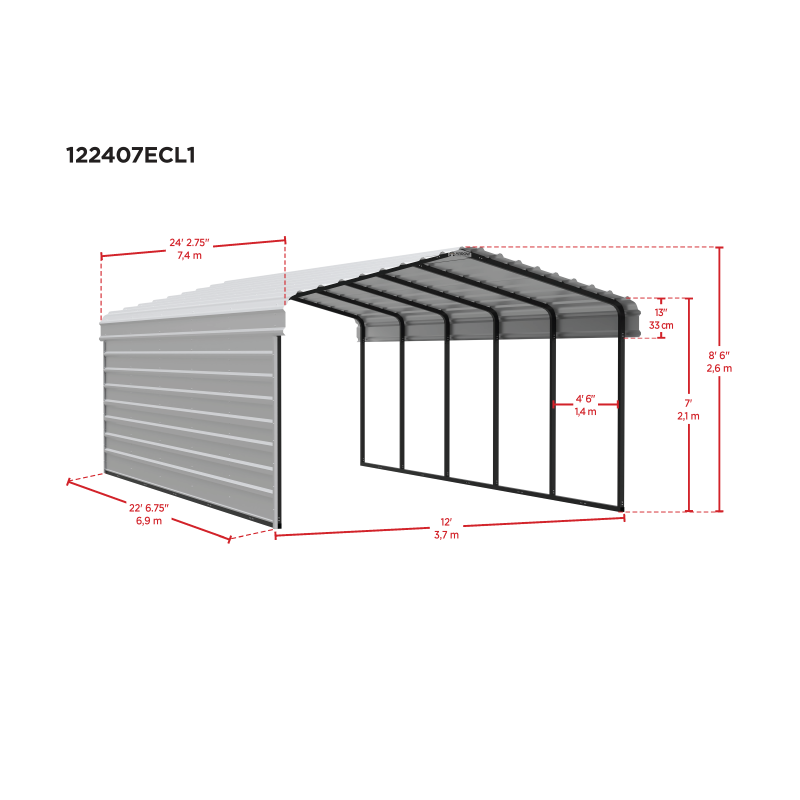 Arrow 1-Sided 12x24x7 Enclosure Galvanized Steel Carport Kit- Eggshell (CPH122407ECL1)