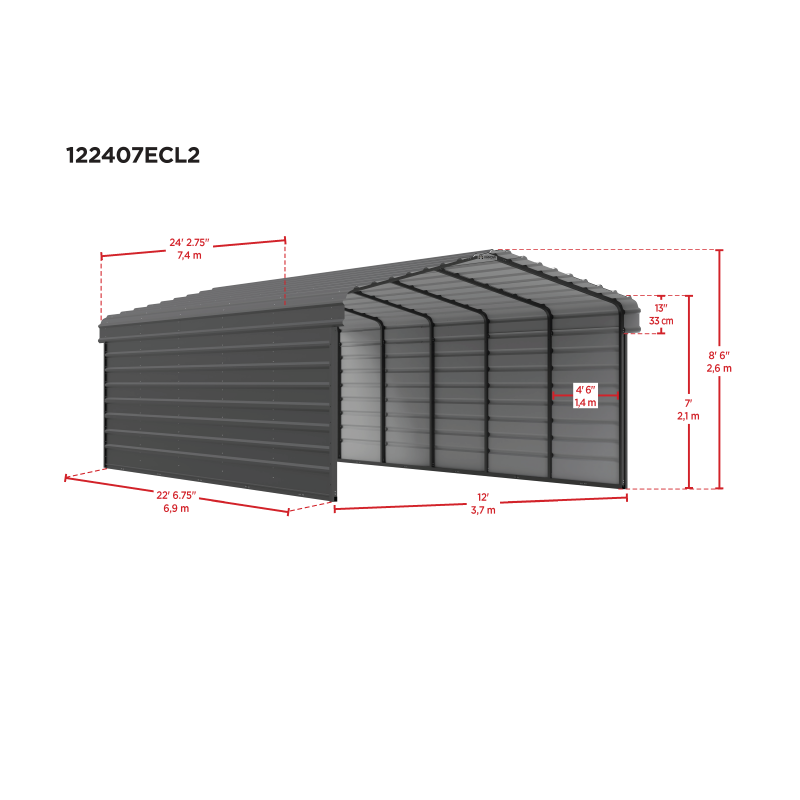 Arrow 2-Sided 12x24x7 Enclosure Galvanized Steel Carport Kit- Eggshell (CPH122407ECL2)