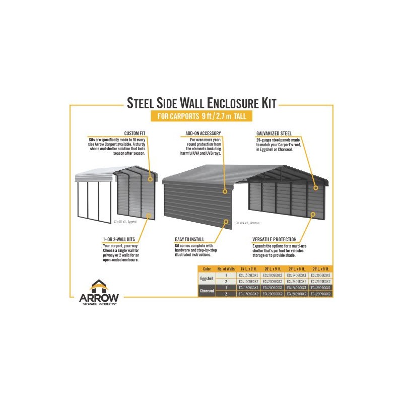 Arrow 1-Sided 20x20x9 Enclosure Galvanized Steel Carport Kit- Eggshell (CPH202009ECL1)